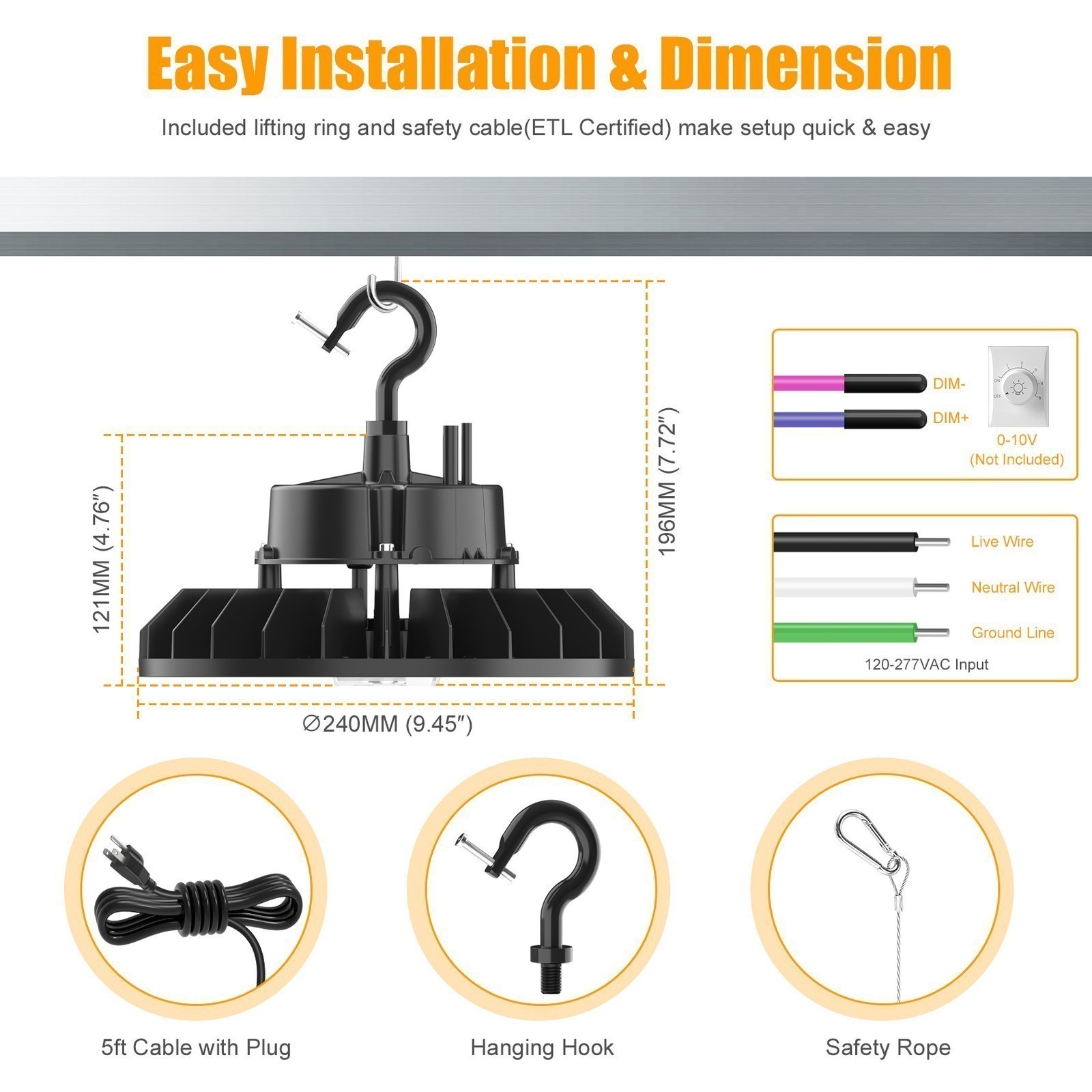 150W UFO LED High Bay Light 5000K 22500LM Factory Warehouse Lamp Dimmable -10PCS