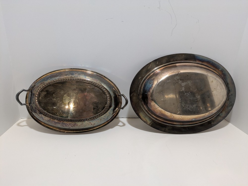 Crescent Silverware Mfg Co Oval Covered Serving Dish # 3157 - 2 Pcs - Monogram G