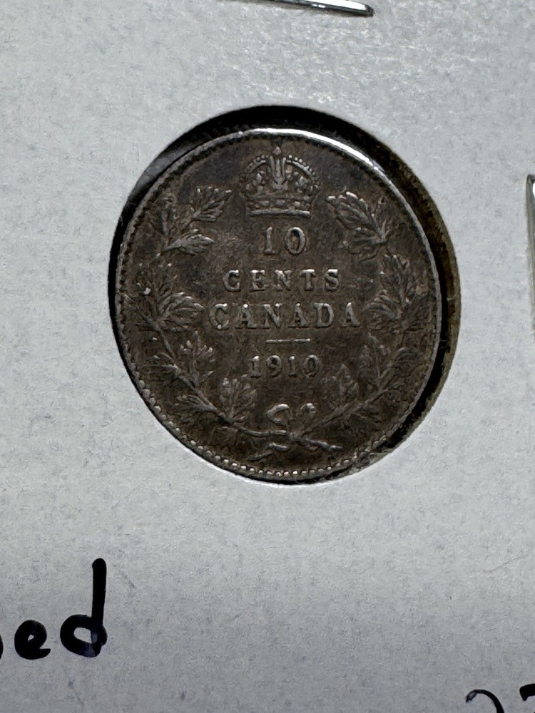 1910 Canada 10 Cents Silver Coin Cleaned