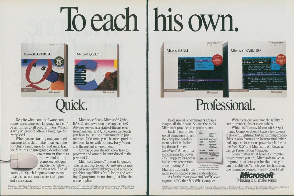 1989 Microsoft Quick Basic C 5.1 6.0 No One Language Fits All Each Own Ad PC3