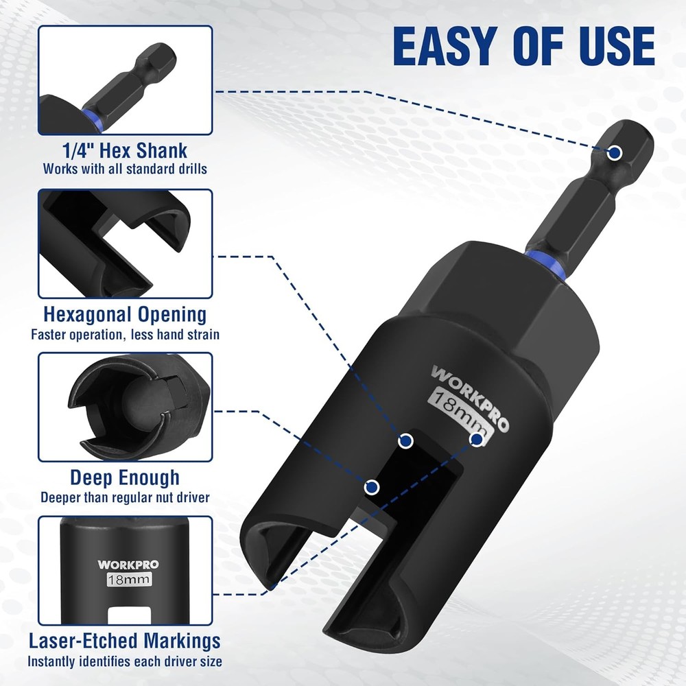 WORKPRO 4PCS Power Wing Nut Driver Bit 9-18mm 1/4" Hex Shank Nut Wing Nut Socket