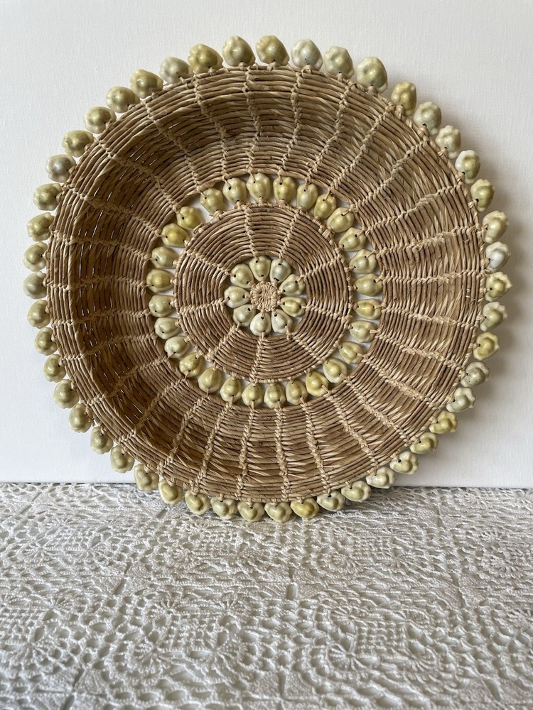Round Wicker Decorative Basket with Shell Accents, Boho Style, Handmade