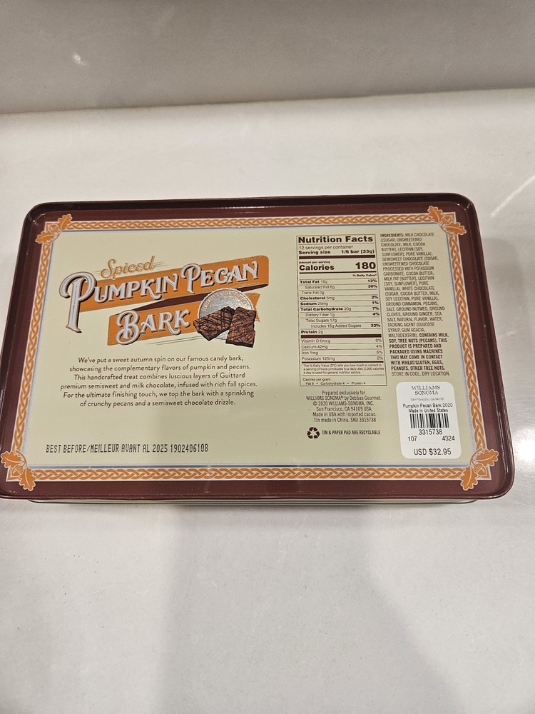 William Sonoma Spiced Pumpkin Pecan Bars Tin ONLY