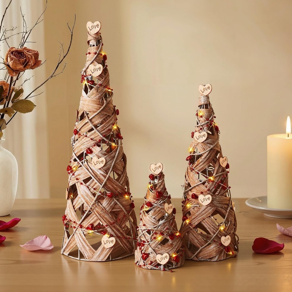 Treory Valentines Tree Table Decor, 3 Pcs Rustic Rattan Cone Natural