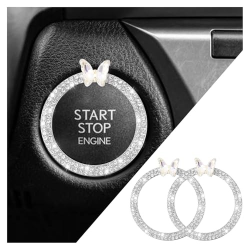 2PCS Car Engine Push Start Button Cover Decoration Ring,Bling Butterfly Silver