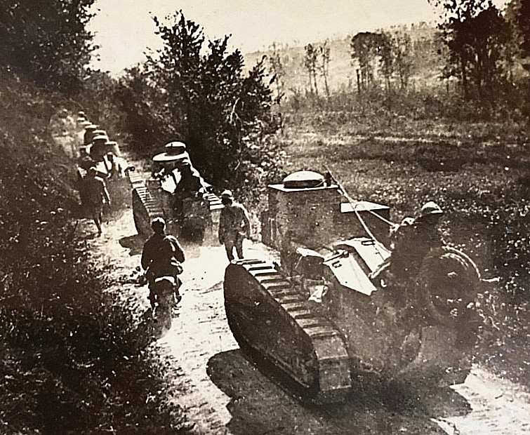 WW1 FRENCH RENAULT FT TSF TANKS GOING INTO FRONT LINE STEREO PHOTO c1917