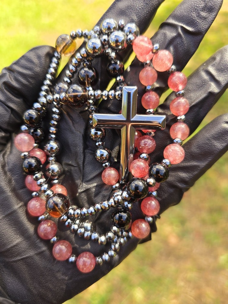 Rosary Natural Crystal Beads , Beautiful Hematite Cross ✝️