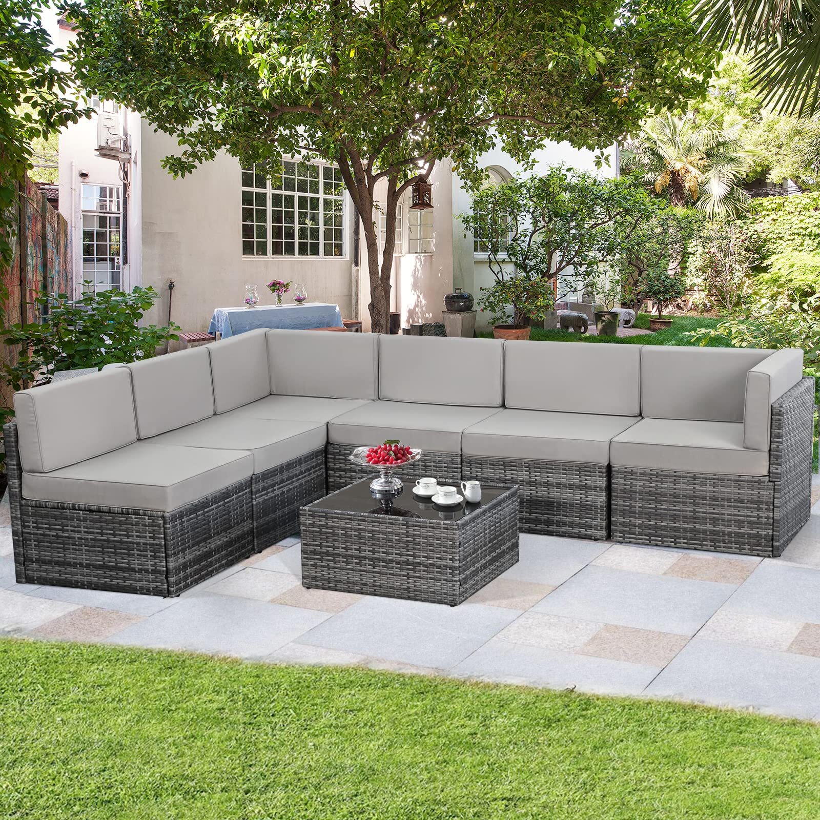 7 Pieces Patio Sofa Set PE Rattan Outdoor Furniture Sectional Conversation Sofas
