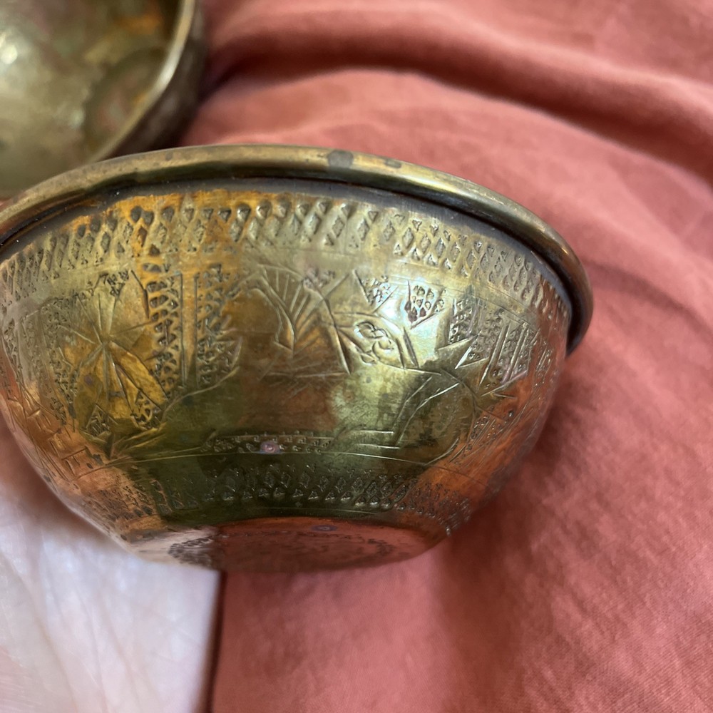 Vintage Middle Eastern Hammered Tin Bronze Bowls - pair