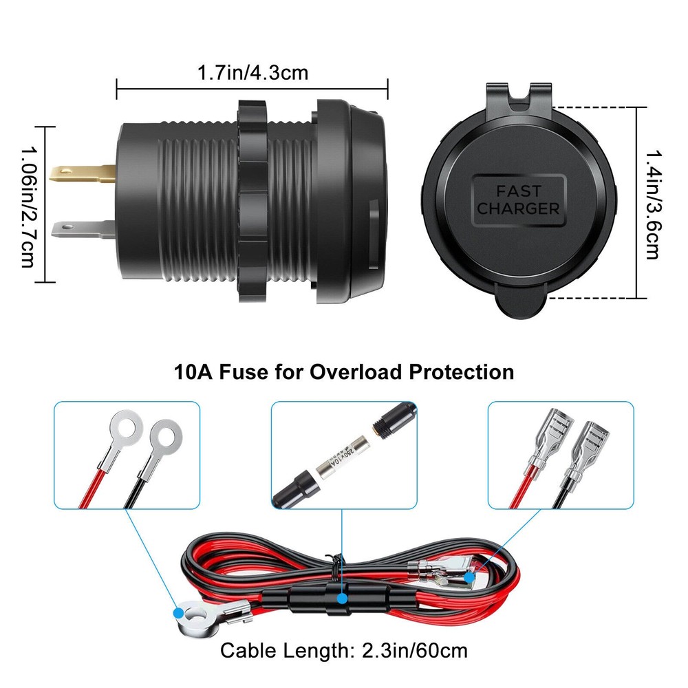 1Pack Dual PD+QC 3.0 USB Port Car Cigarette Lighter Socket Plug LED Indicator