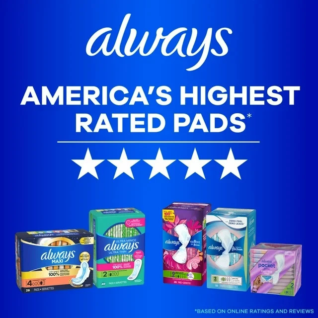 Always Ultra Thin Pads Without Wings, Size 2, Long Super Absorbency, 40 Count