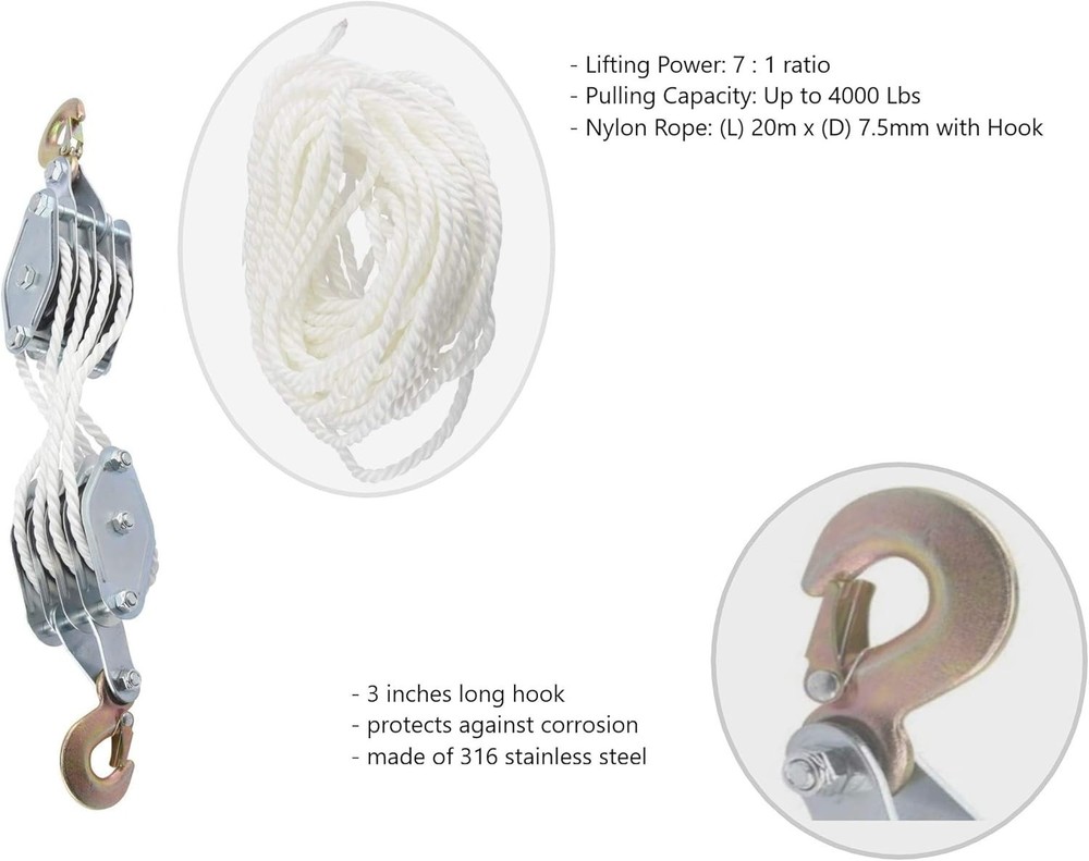 Block and Tackle Pulley System for Lifting Objects - SoB 4000LB Breaking Stre...