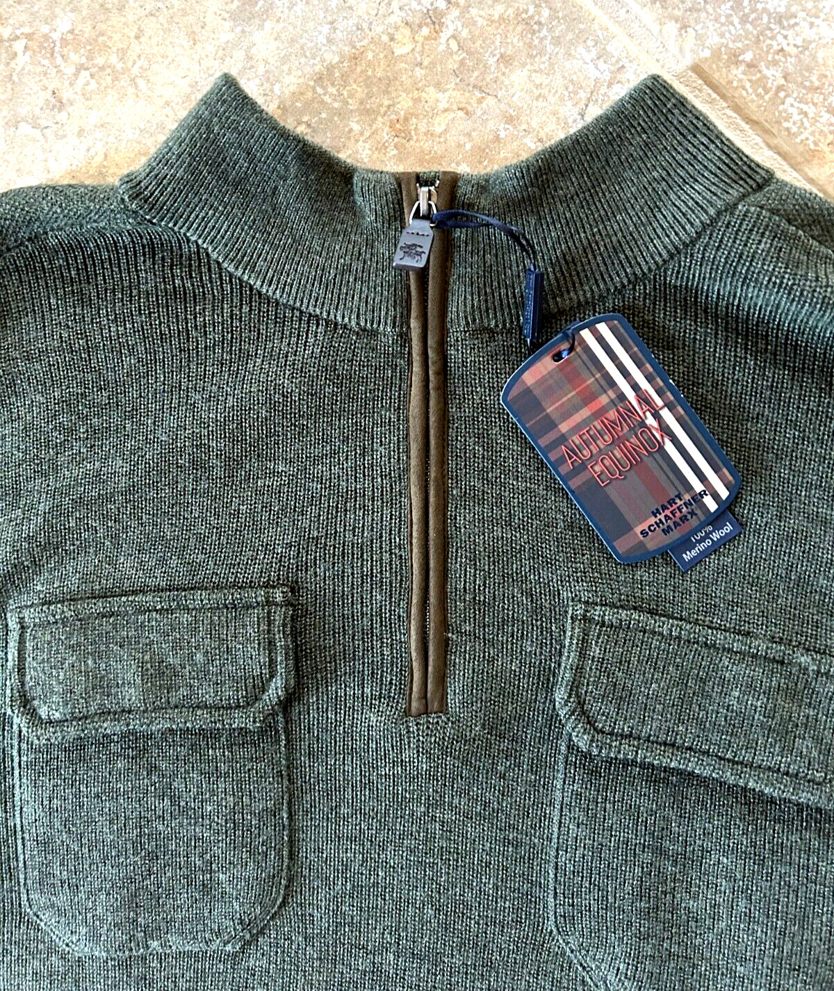 Hart Schaffner Marx 1/4 Zip Sweater Men's L Merino Wool Olive w/Pockets $198 NWT