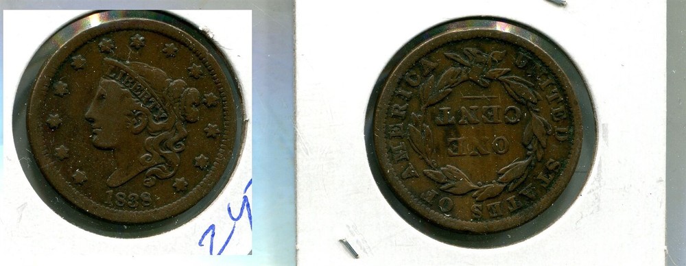 1838 CORONET HEAD LARGE CENT TYPE COIN FINE 247S