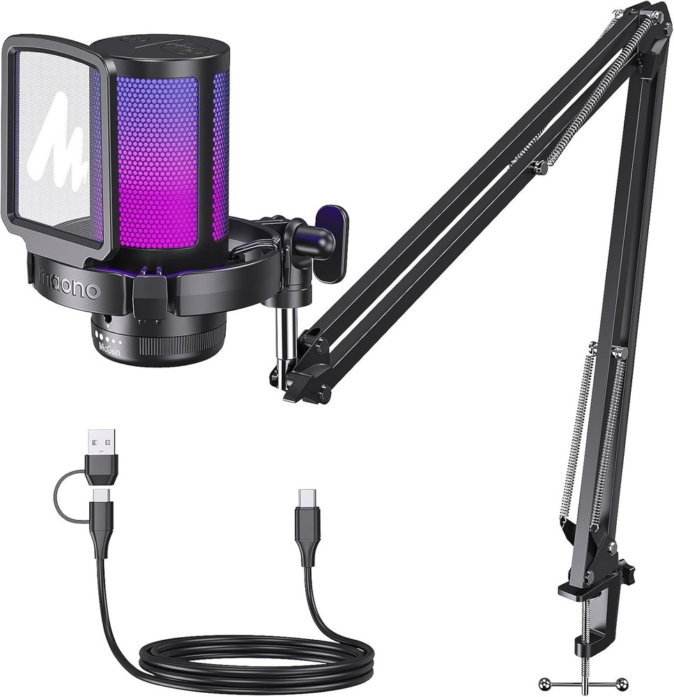 Dynamic USB Condenser Microphone with Adjustable Gain & Boom Stand for Streaming