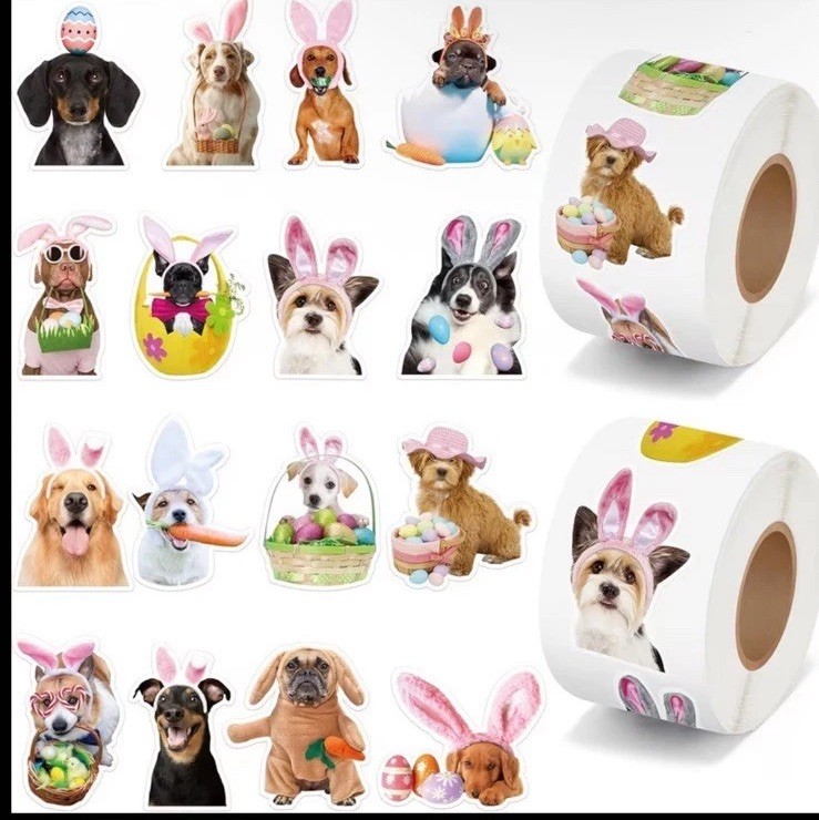 40 PCs ~1x1.2” Adorable Dogs In Easter Costumes Stickers 16 Designs