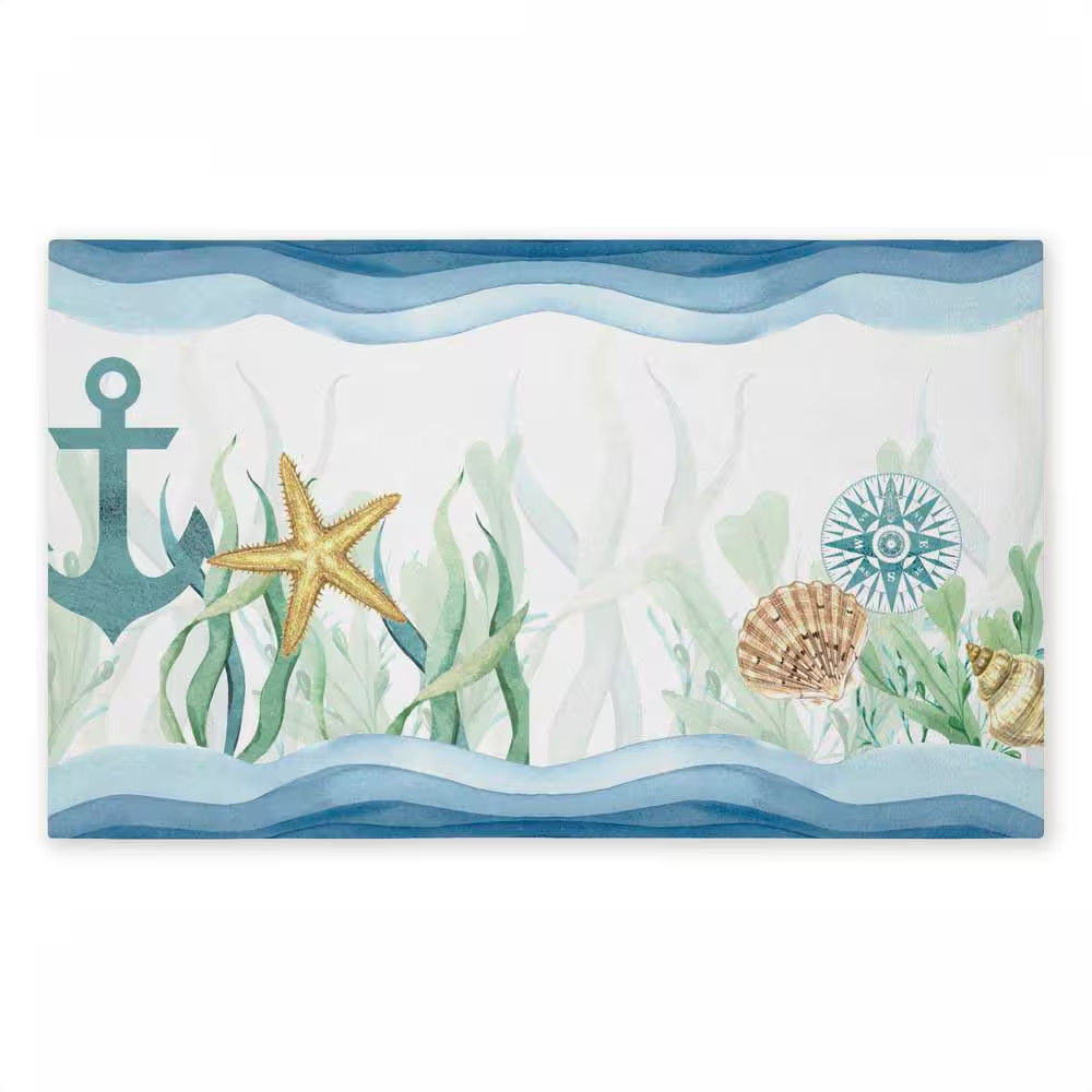 Bayside Sea Life & Waves Blue 18 In. X 30 In. Polyester Non-Slip Outdoor Door Ma