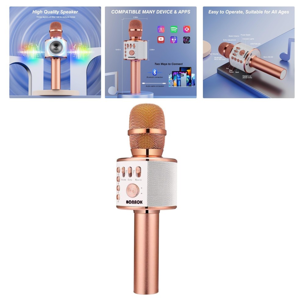 Enjoy Karaoke Anywhere: Bluetooth Microphone with Echo Function - Rose Gold