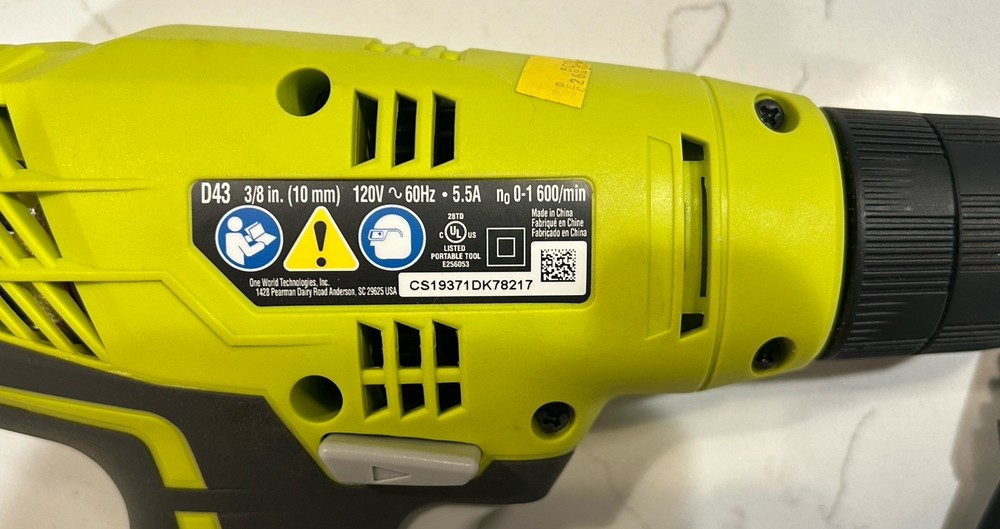 Electric Drill Ryobi 3/8 in. Corded Drill – 120V Variable Speed – Model D43