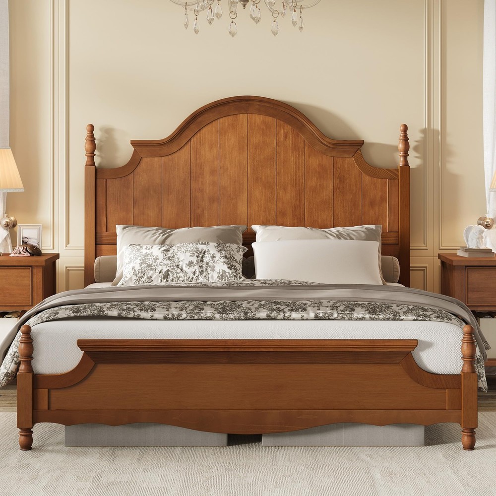 Solid Wood Queen Bed Frame with 56" Arched Headboard, Traditional Poste