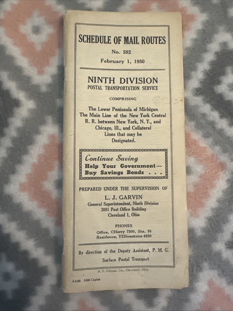 Schedule of Mail Routes~2/1/1950~9th Division~Postal Transportation Service