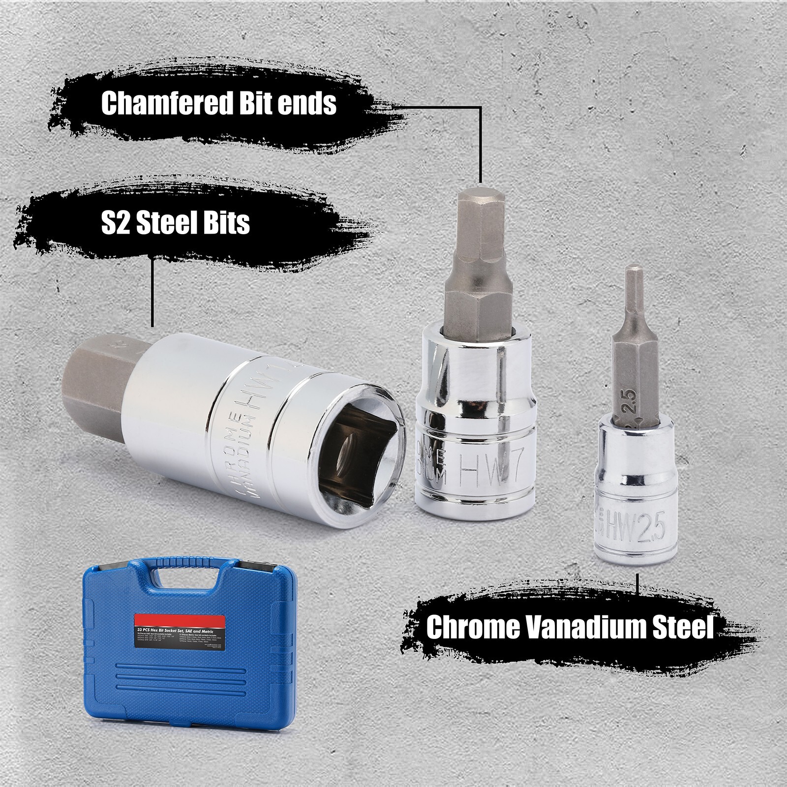 33PCS Hex Bit Socket Set, 1/4", 3/8" and 1/2" Drive, SAE & Metric Allen Socket