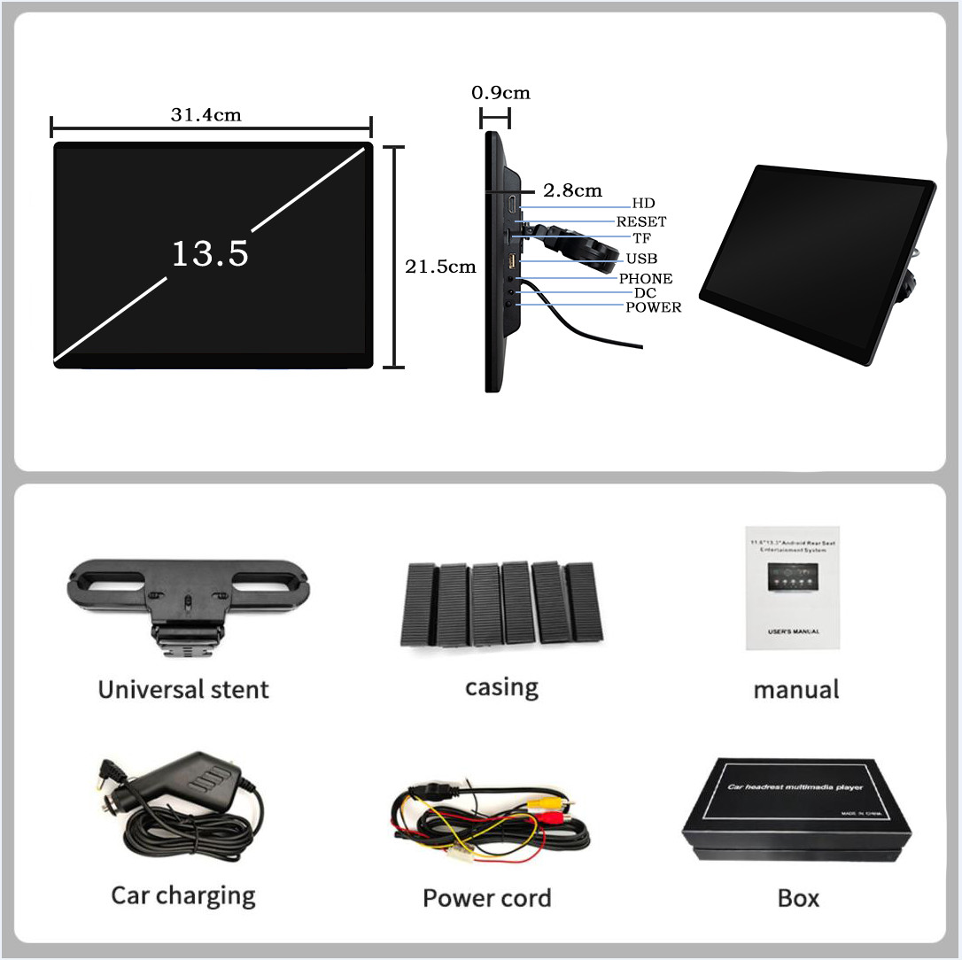 13.5in Touch Screen Car Headrest Video Player Android 14 WIFI Bluetooth FM USB