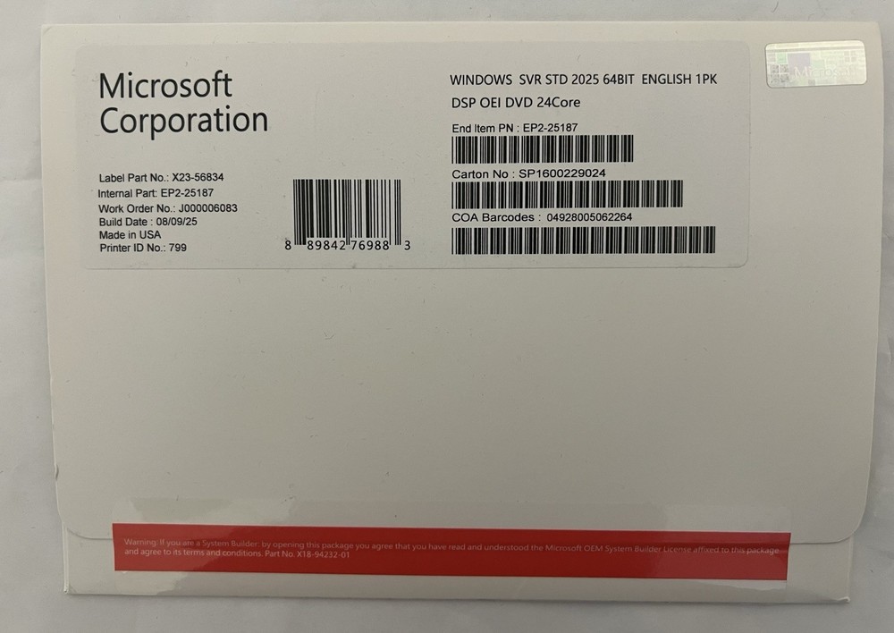 Windows Server 2025 Standard 64Bit 24 Core DVD With Key
