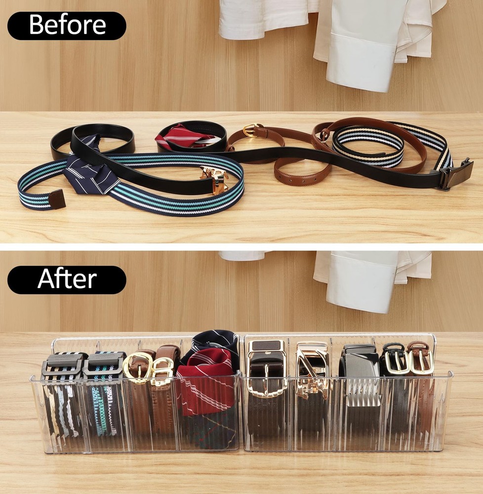 Acrylic Belt Organizer - 2 Pack with Adjustable 4 Compartments & Stackable De...