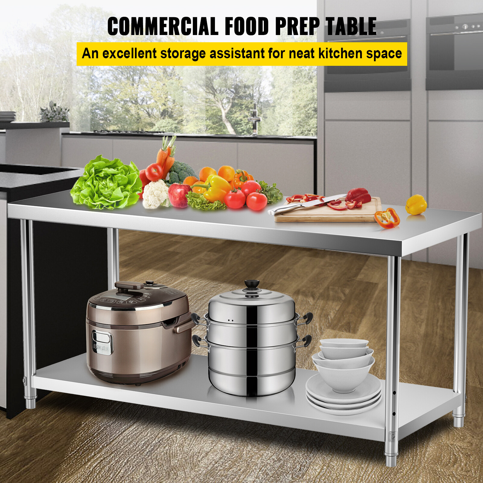 VEVOR Stainless Steel Work Prep Table Commercial Food Prep Table 72x30x34in