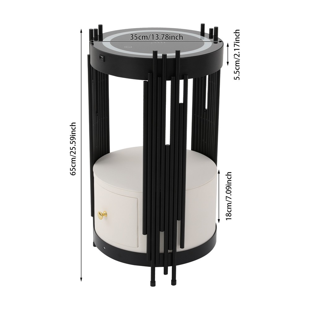 LED Bed Side Table Smart Nightstand w/ Wireless Charging Station Side/End Table