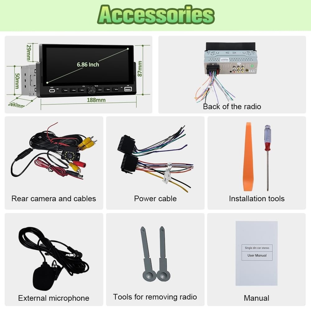 Universal Single Din Car Stereo with Wireless CarPlay & Android Auto, 6.86" I...