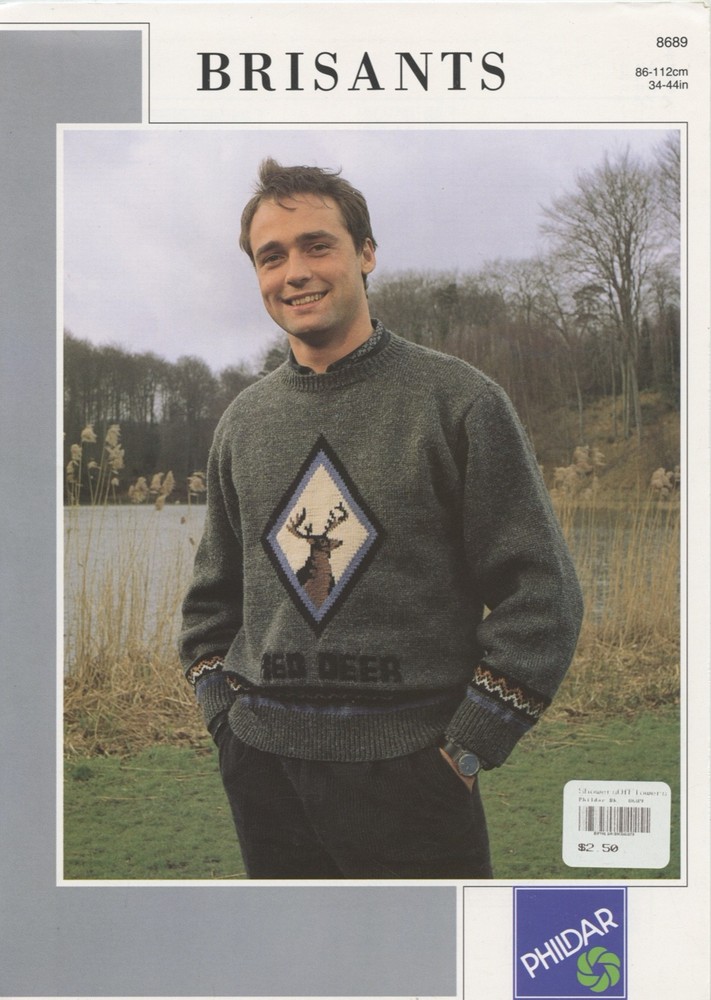Phildar KNITTING PATTERN #8689 Man's Red Deer Pullover 34-44 Man / Men