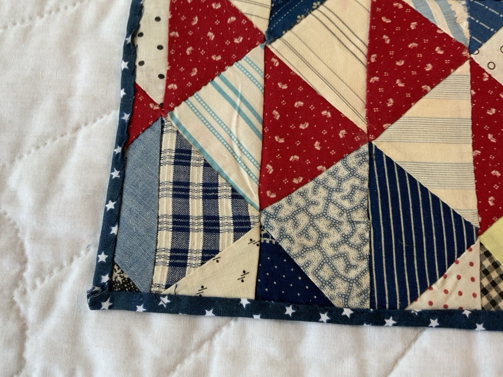 Vintage Antique Patchwork Quilt Table Topper, Early Calicos, Triangles, Multi