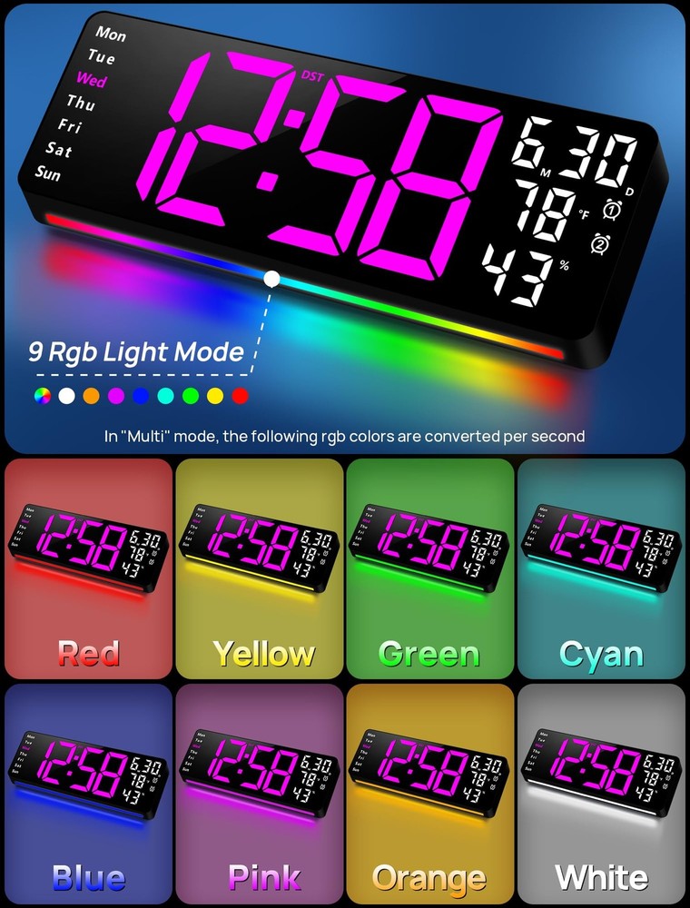 17.3" Large Digital Wall Mount Clock, Digital Clock with Remote Control, Alar...