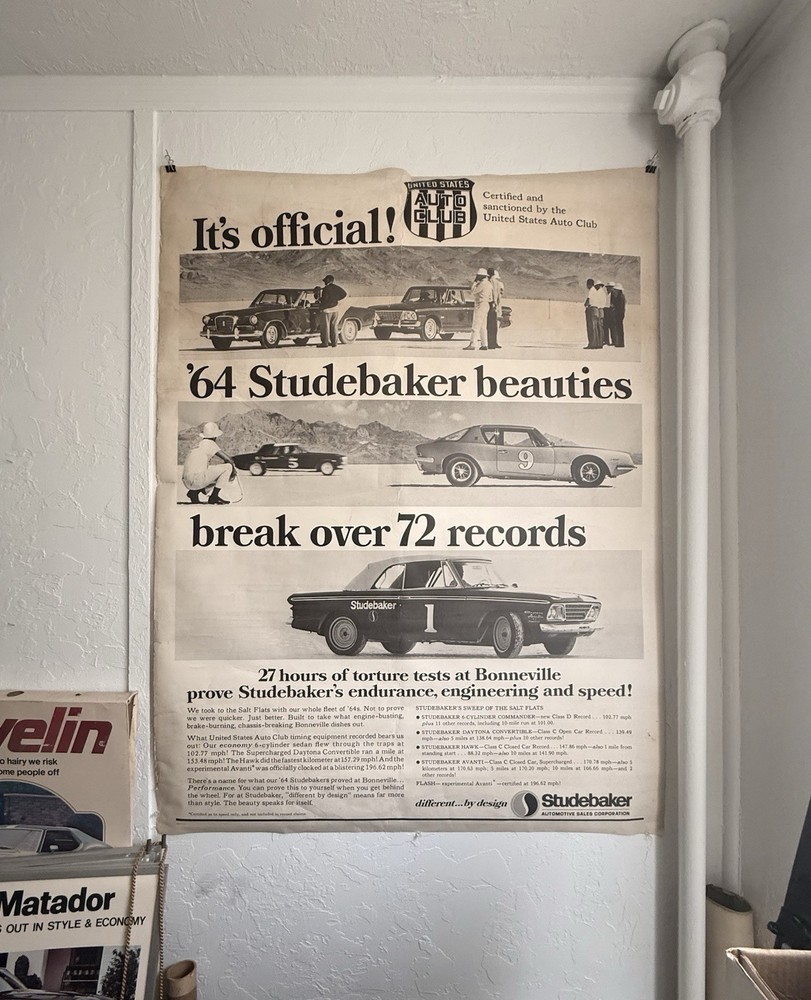 1964 Studebaker Hawk, Avanti, an supercharged Lark performance testing poster.