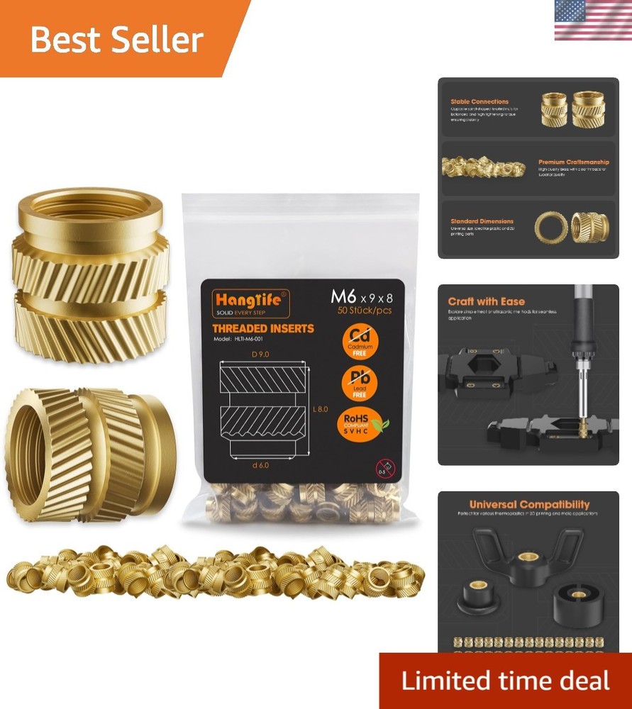 Secure 50-Pack M6 Heat-Set Brass Inserts for Versatile 3D Printing Needs