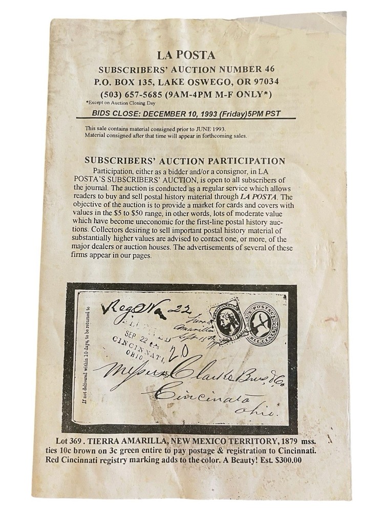 1993 La Posta Subscribers’ Auction #46 Catalog - Postal History + NM Territory