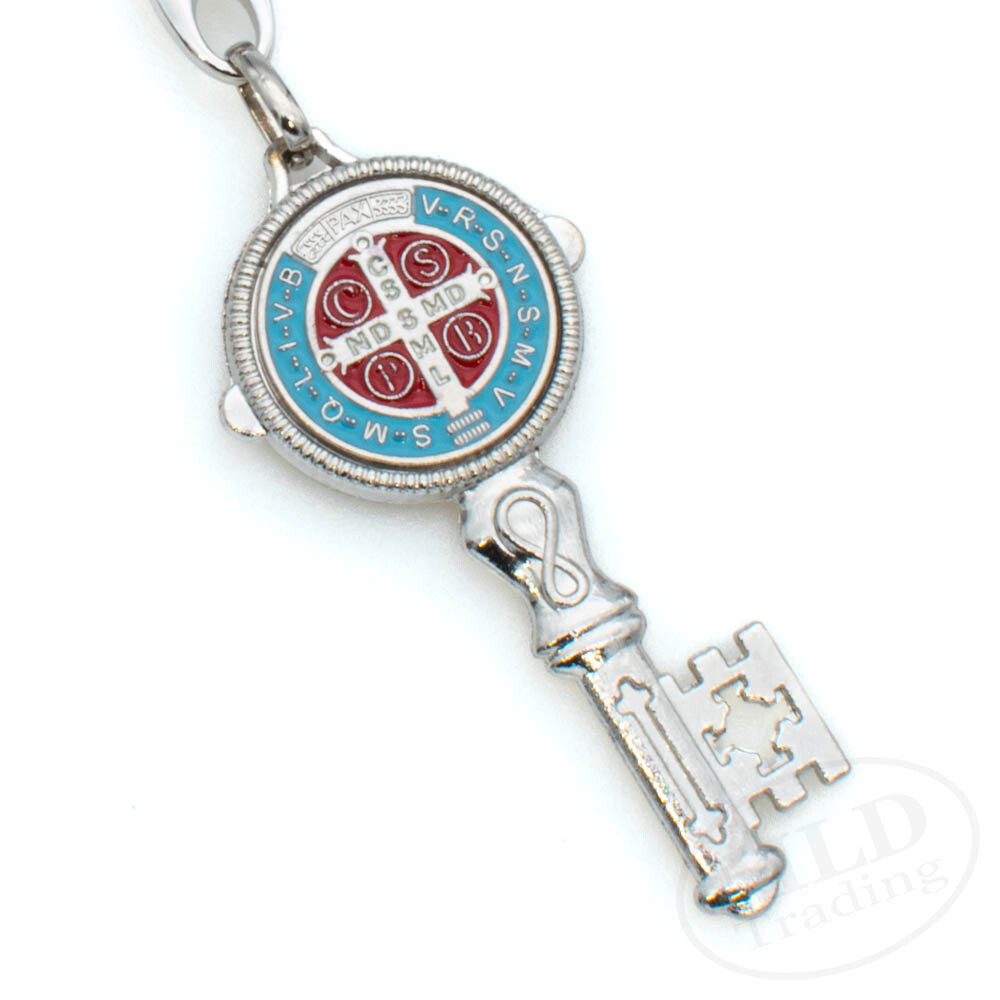 Saint St Benedict Key Shaped Medal Pendant Key Chain Silver & Blue - Religious