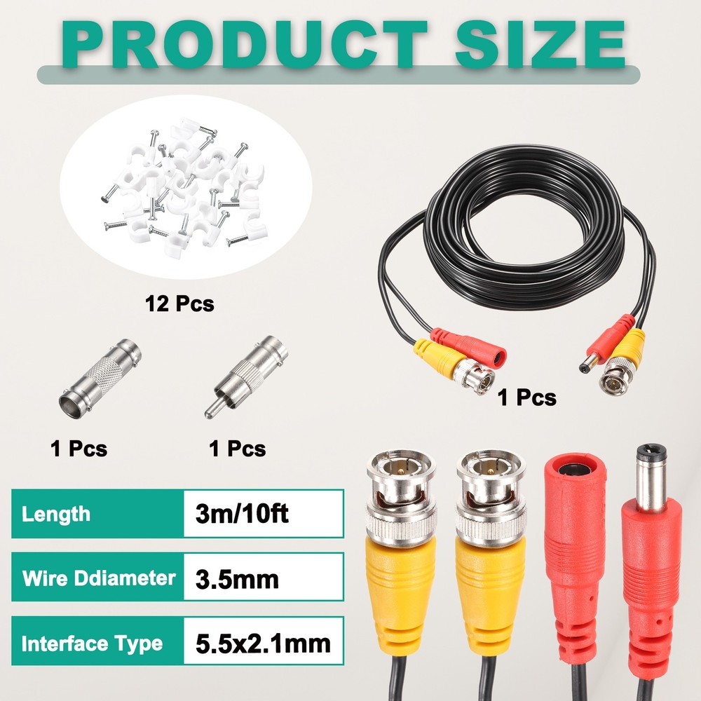 BNC Video Power Cable,3m/10ft All-in-One Security Camera Wire,1 Set Black
