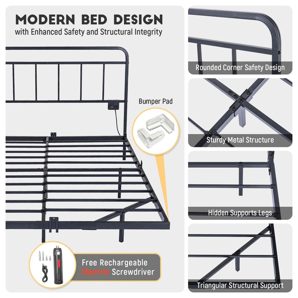 Floating Full Size Platform Bed Frame with LED Lights & Charging Station - In...