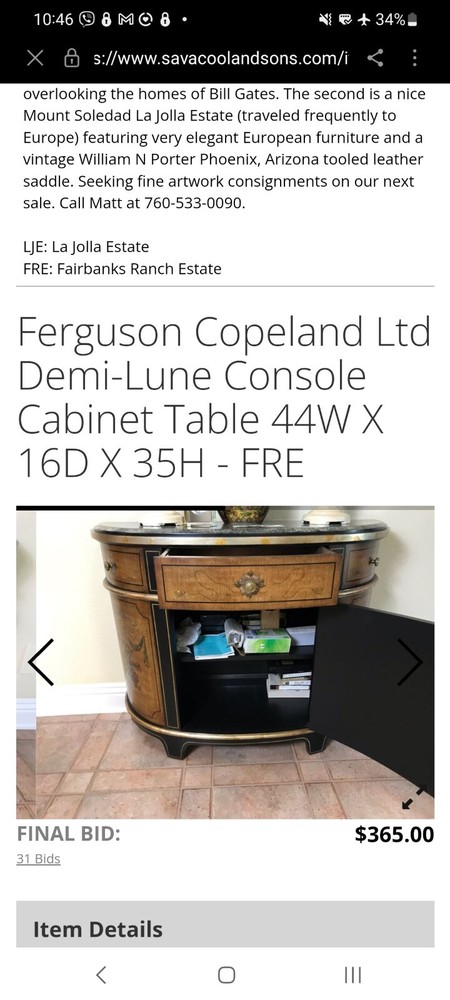 Ferguson Copeland Marble Top Demi Lune Server Sideboard Console Cabinet