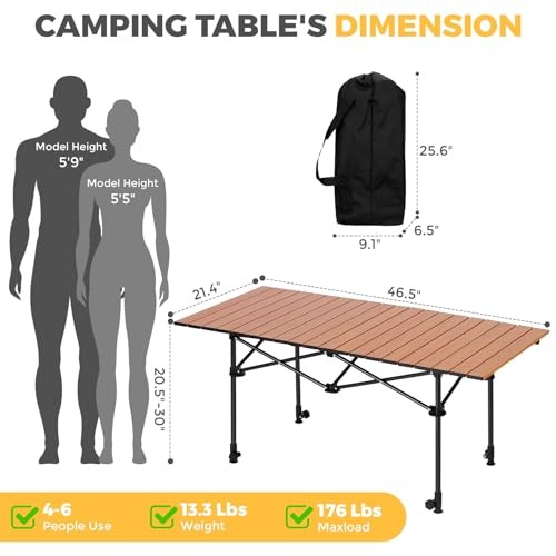 Portable Folding Camping Table, 4-6 Wood Grain-adjustable Table Legs-foldable