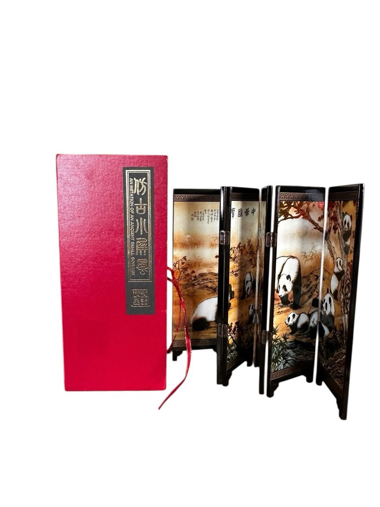 Chinese Panda Mini Folding Screen Black Lacquer Tabletop Art Boxed