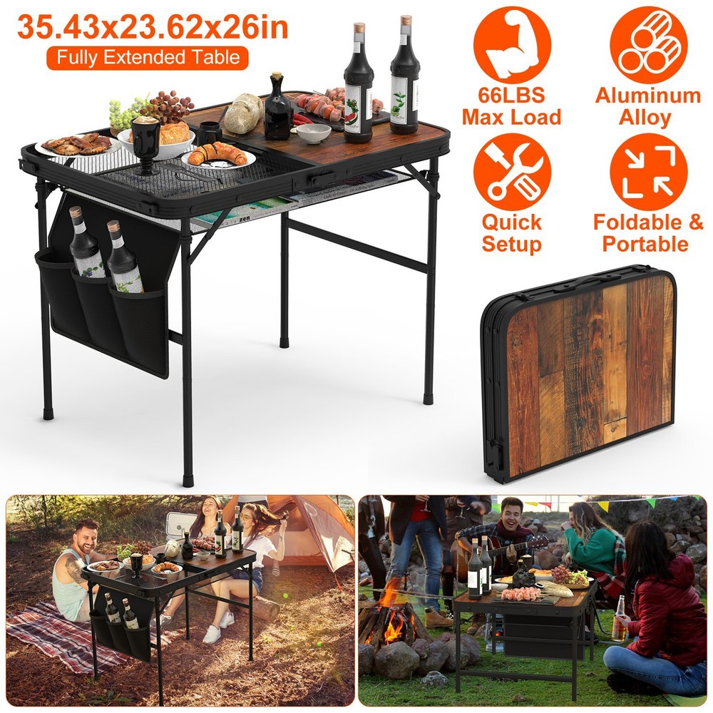 Grill Table Portable Outdoor Camping Table Height Adjustable with Side Pockets