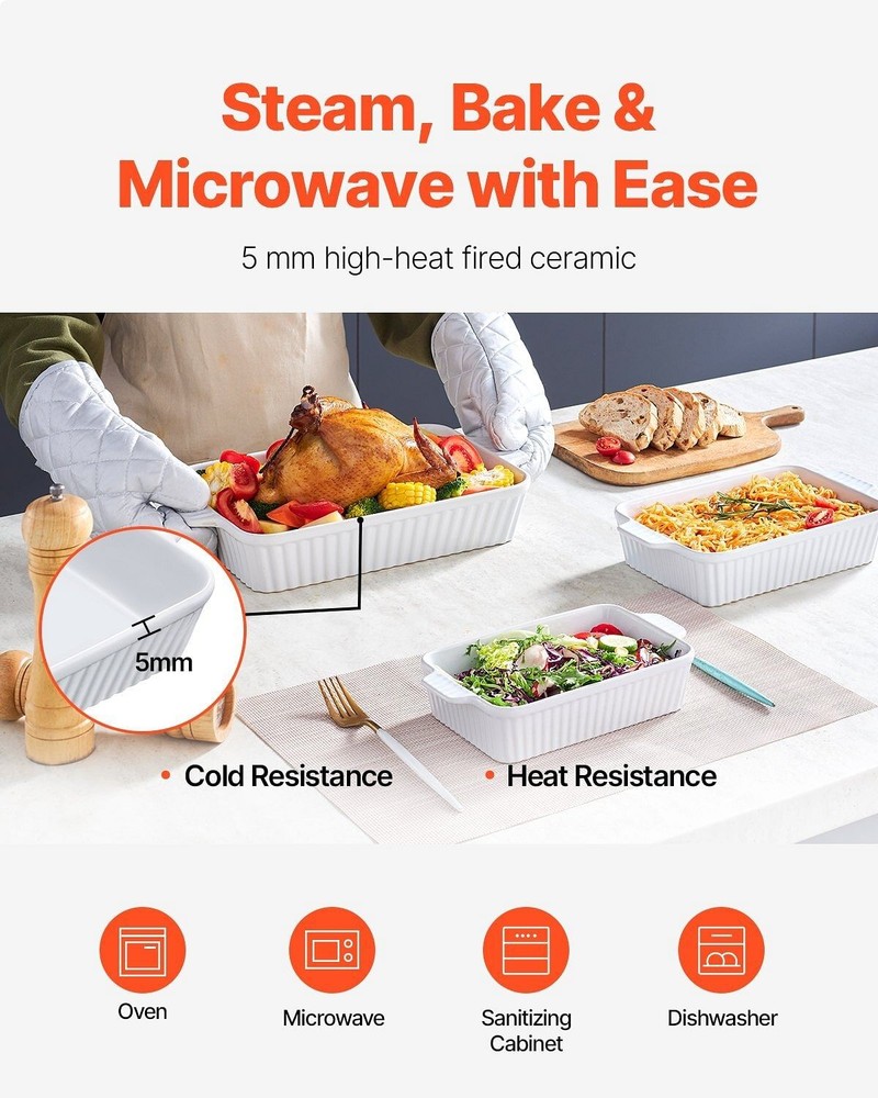 Ceramic Baking Dish 3 Pieces Rectangular Bakeware Set Deep for Baking White
