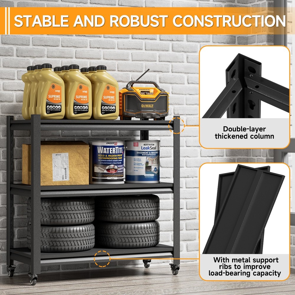Rolling Storage Rack 3-Tier Shelving Tool Storage Shelving for Garage Kitchen