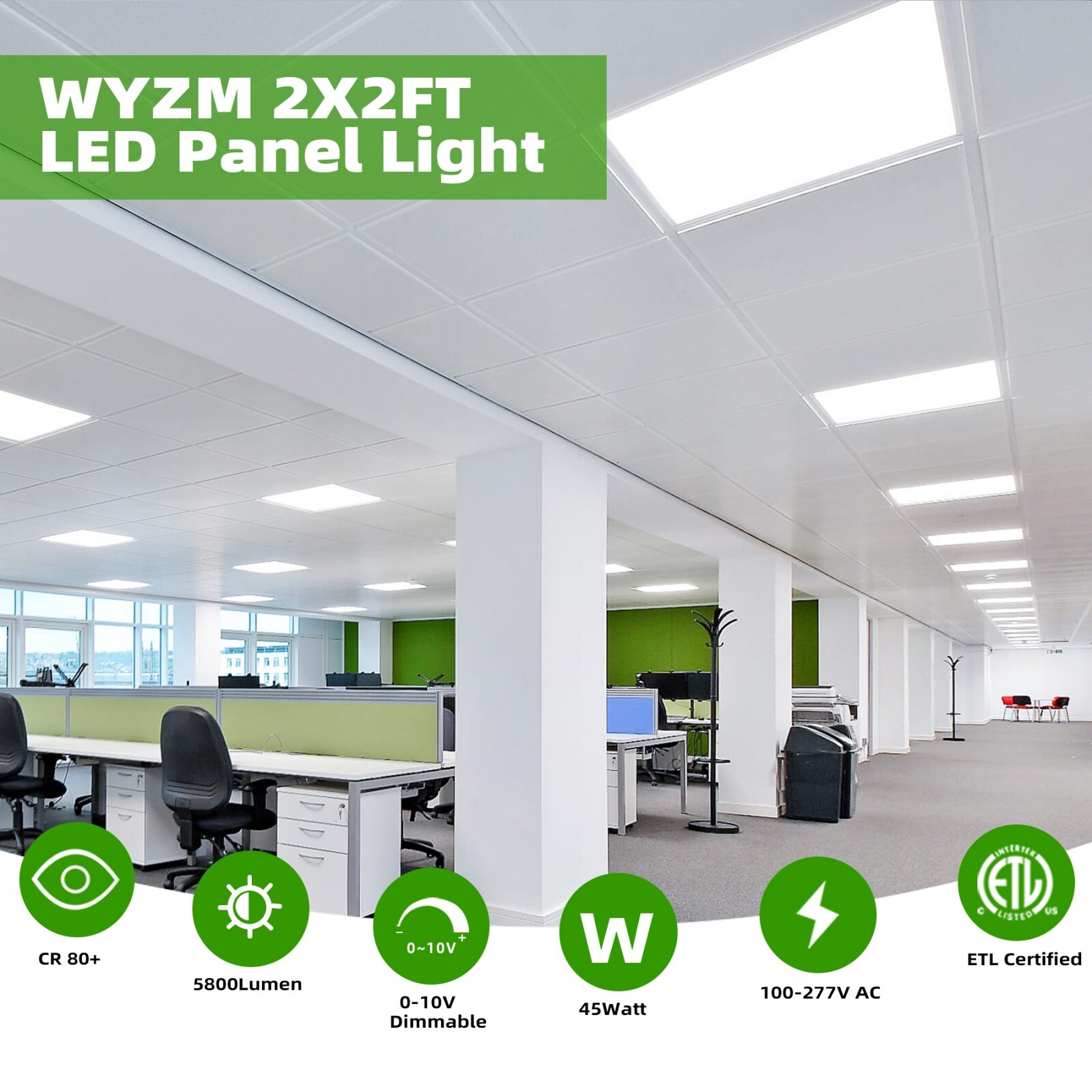 2x4 LED Flat Panel Light 2x2 LED Troffer Drop Ceiling Light Fixture, 0-10V Dim.