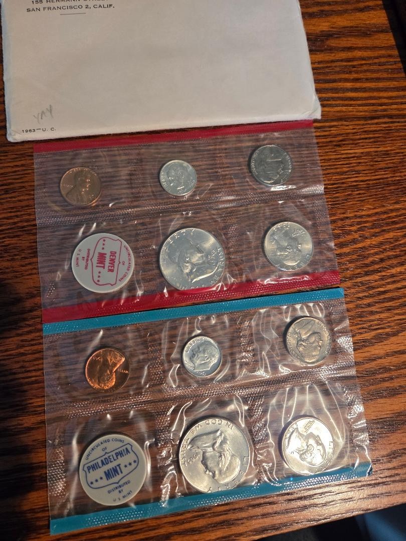 1963 P & D US Mint Set Uncirculated 10 Coins w/ 90% Silver OGP Envelope