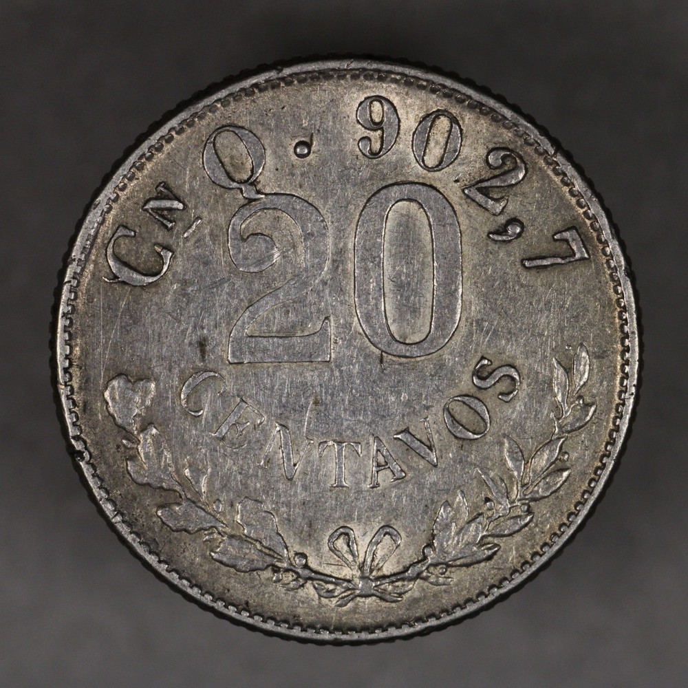 1902 Cn Q Mexico Silver 20 Centavos